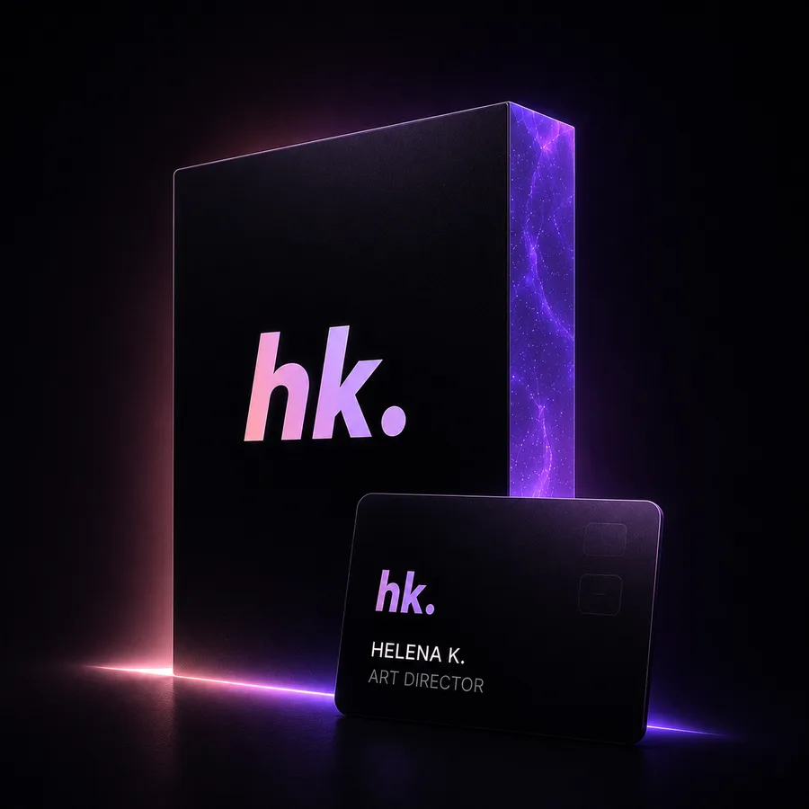 The hk. logo on a monolith, with a business card