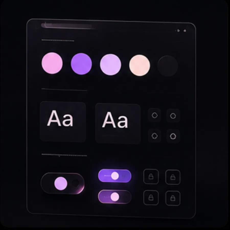 A design system panel: colours, type, components