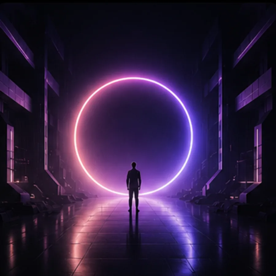 A figure facing a large luminous ring