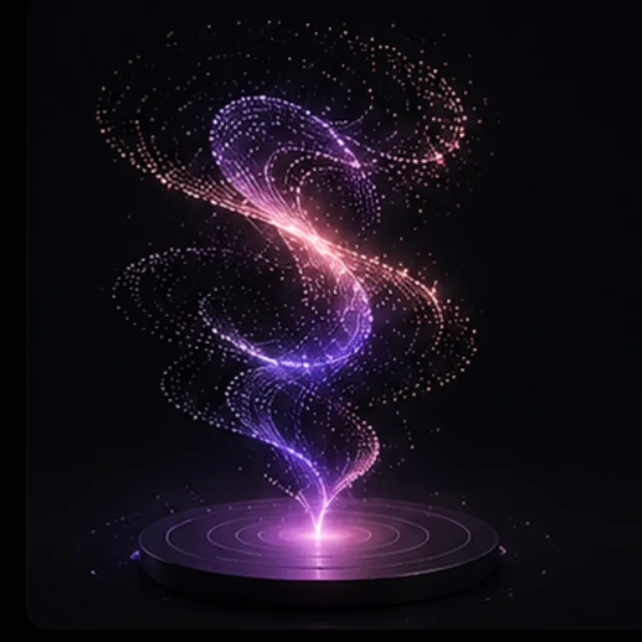 A generative shape emerging above a disc, next to its prompt