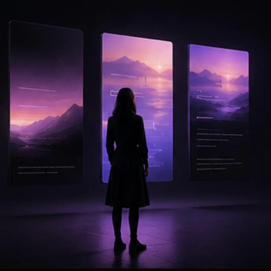 A figure in front of three boards: vision, concept, impact