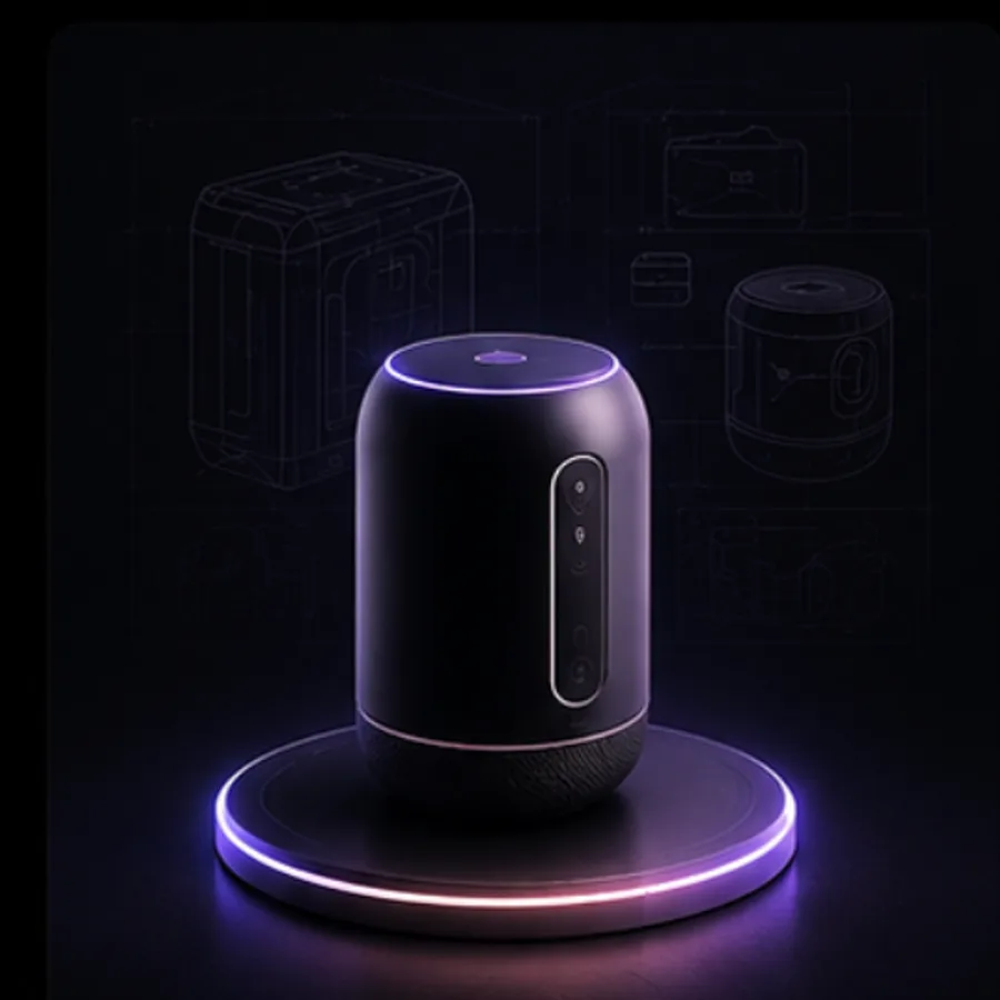 A designed object staged on a lit podium
