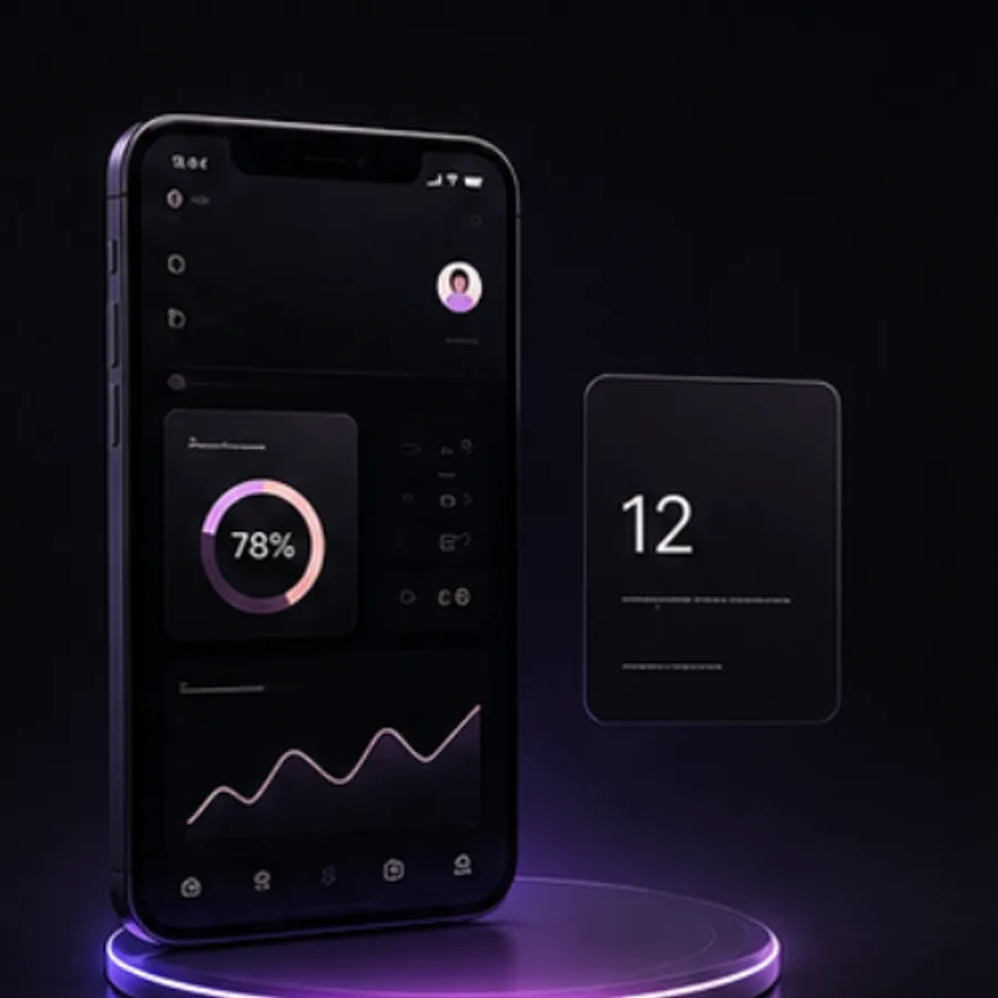 A mobile app interface with dashboard and statistics